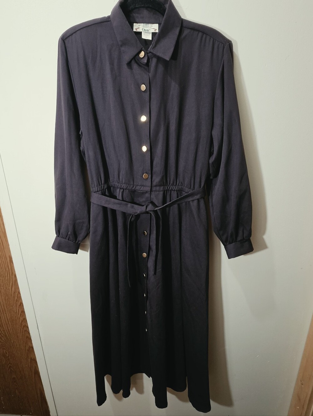 Plum Long Sleeve Aline Maxi Button Down Dress Waist Tie Size 14 Made In USA